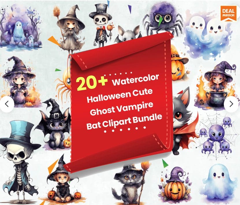 20+ Watercolor Halloween Cute Ghost Vampire Bat Clipart Bundle
