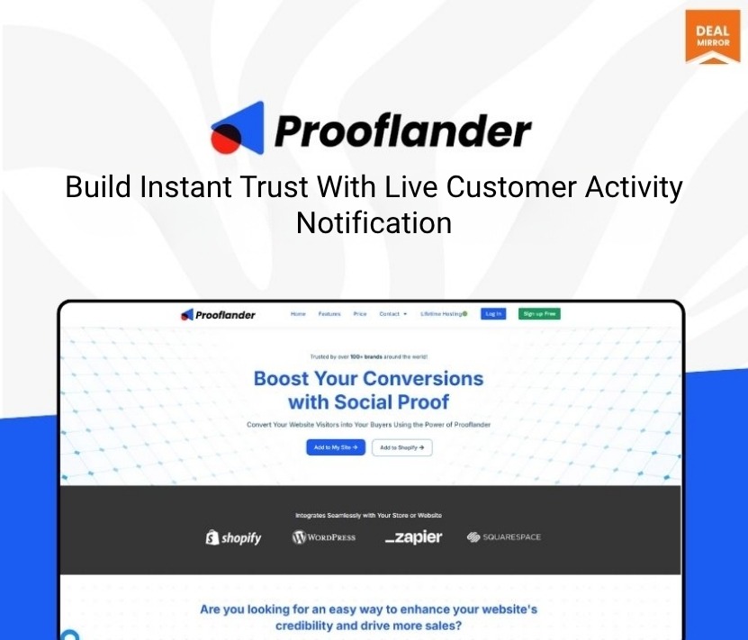 Image showing Prooflander, a social proof widget and conversion rate optimization software that provides live sales notifications, real-time visitor counts, trust badges, and conversion-boosting tools to instantly increase online store sales and credibility