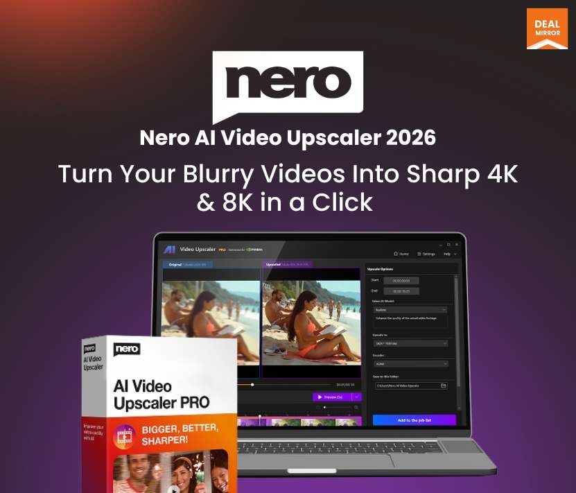 Nero AI Video Upscaler 2026—AI tool to enhance and upscale video quality to 4K/8K instantly, improve clarity, boost resolution, and make low-quality videos sharper