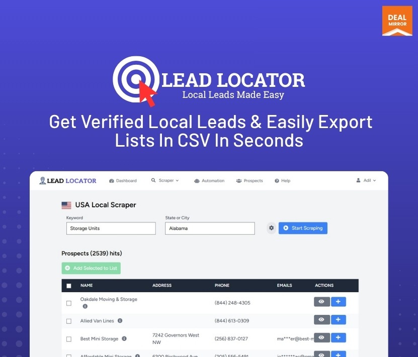 Lead Locator – Fast & Verified Local Lead Generator Tool on Dealmirror. Find real local business leads from top directories instantly and export in CSV with AI-powered lead generation software