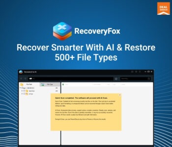 This product Image represents RecoveryFox AI - Advanced Data Recovery Software for Windows, supporting 500+ file types. Easily recover deleted, lost, or formatted files, including photos, videos, and documents