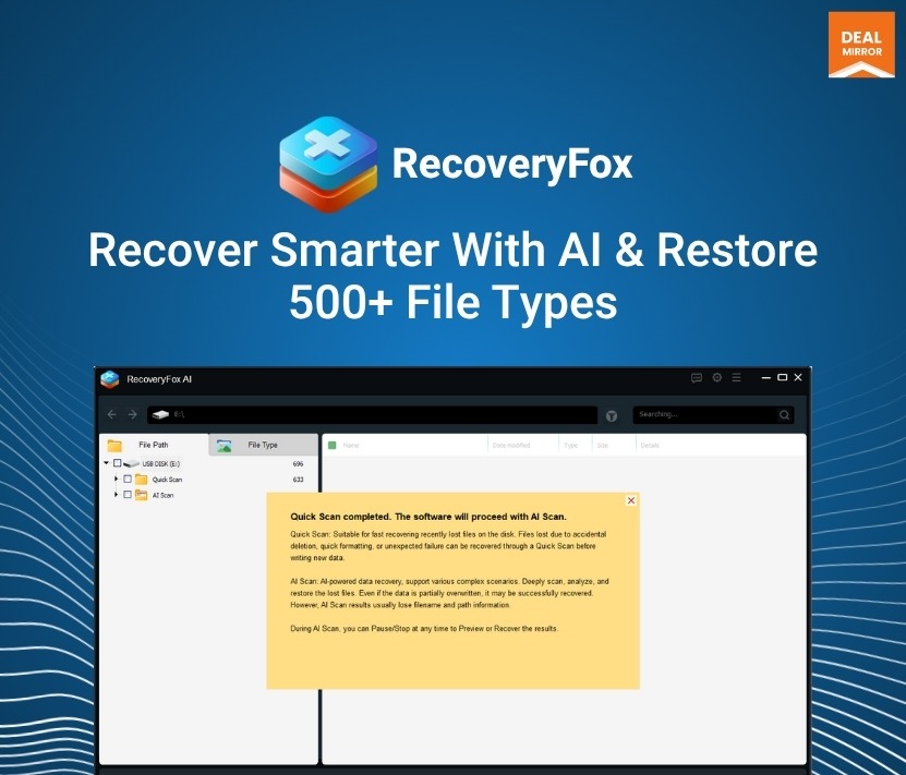 This product Image represents RecoveryFox AI - Advanced Data Recovery Software for Windows, supporting 500+ file types. Easily recover deleted, lost, or formatted files, including photos, videos, and documents
