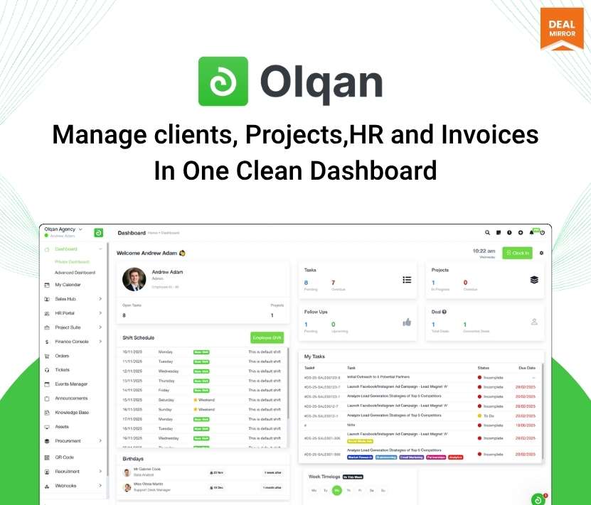 Olqan an all-in-one business management software for small businesses to manage projects, HR, finances, support, teams, and clients easily