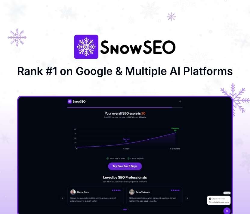 SnowSEO is an advanced SEO automation tool with AI-powered keyword tracking, rank monitoring, and optimization features to boost productivity 12X.