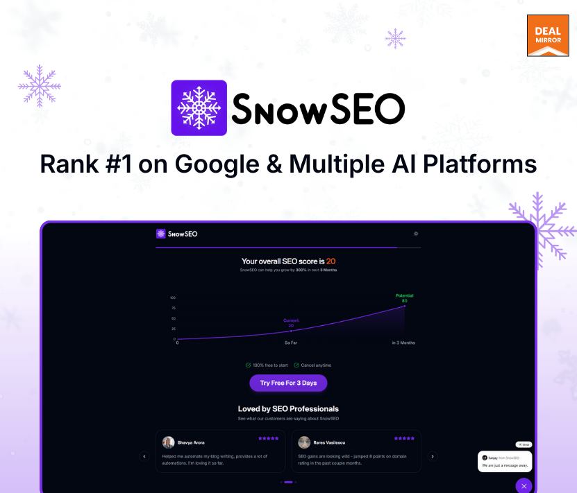 SnowSEO is an advanced SEO automation tool with AI-powered keyword tracking, rank monitoring, and optimization features to boost productivity 12X.