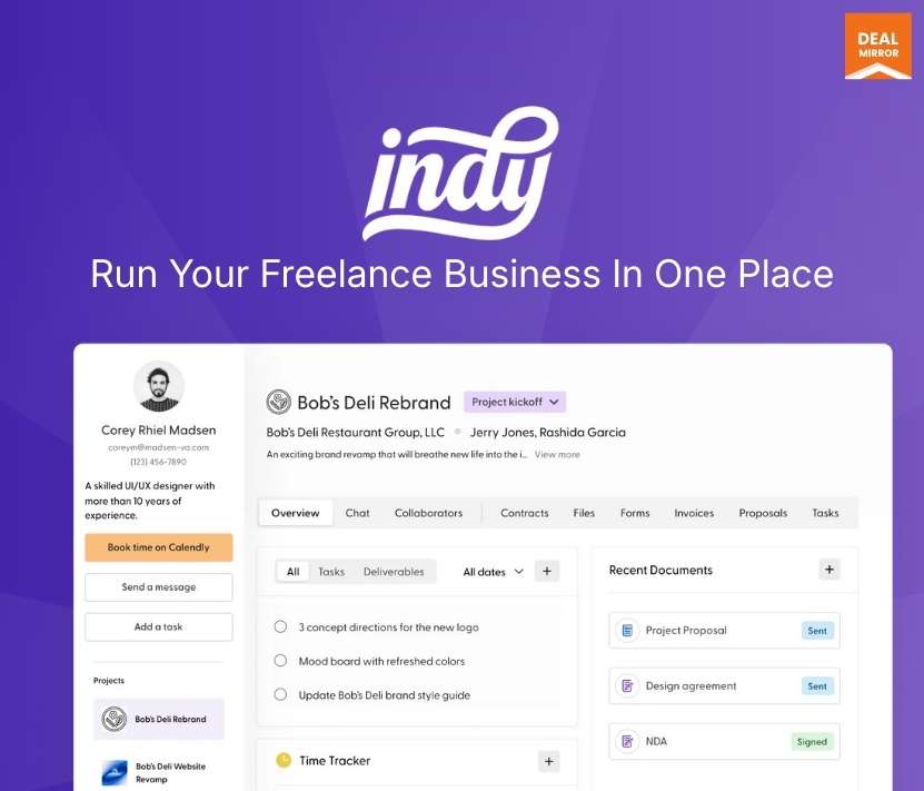 Indy, an all-in-one CRM and business management tool for freelancers. Manage projects, contracts, invoicing, tasks, and clients with this yearly deal