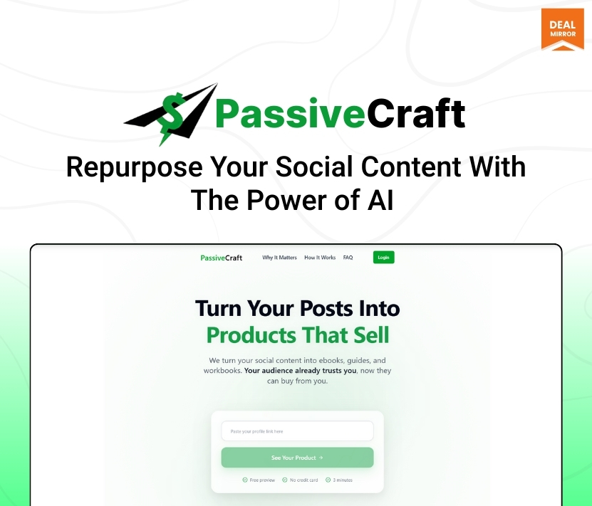 PassiveCraft AI eBook generator tool that repurposes Instagram, TikTok, YouTube, and Facebook content into digital products like guides, eBooks, and workbooks
