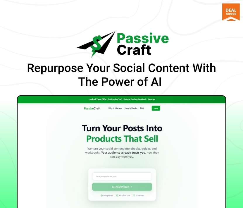 PassiveCraft AI eBook generator tool that repurposes Instagram, TikTok, YouTube, and Facebook content into digital products like guides, eBooks, and workbooks