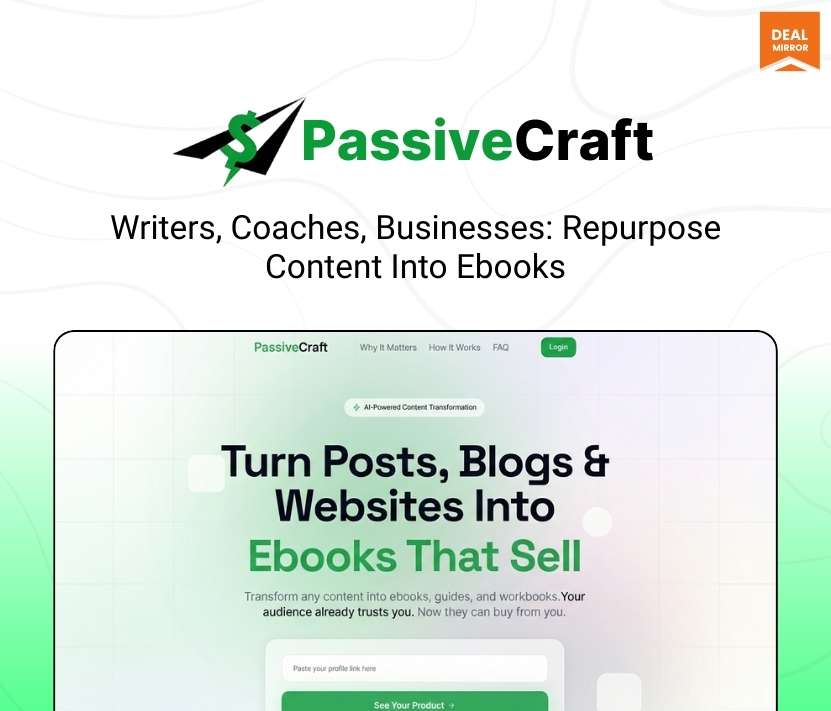 PassiveCraft AI eBook generator tool that repurposes Instagram, TikTok, YouTube, and Facebook content into digital products like guides, eBooks, and workbooks
