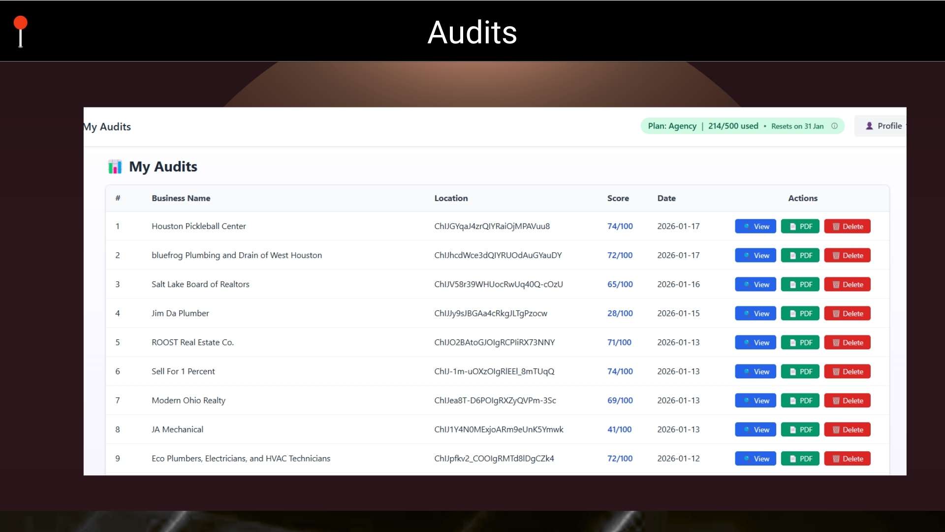 LocalAuditPro - Local SEO audit tool dashboard analyzing Google Business Profile optimization factors
