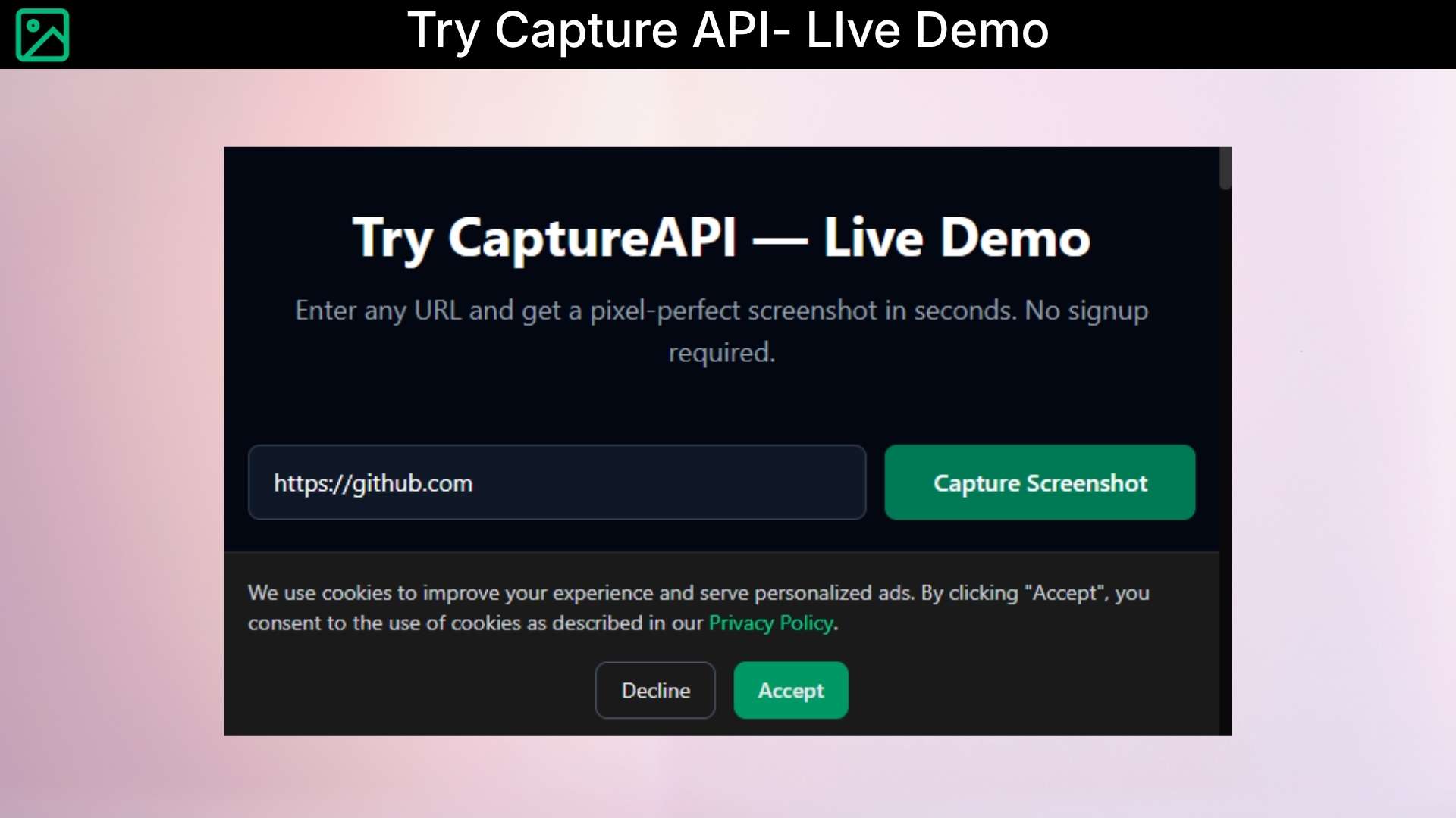 CaptureAPI developer dashboard showing screenshot API integration