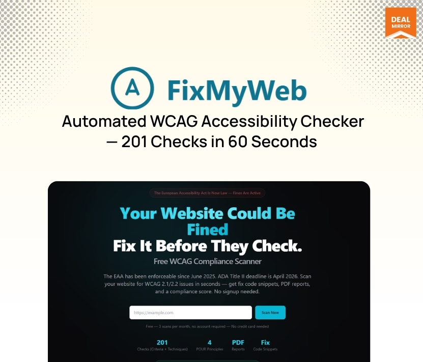 FixMyWeb website accessibility checker dashboard showing WCAG compliance issues and instant fix suggestions