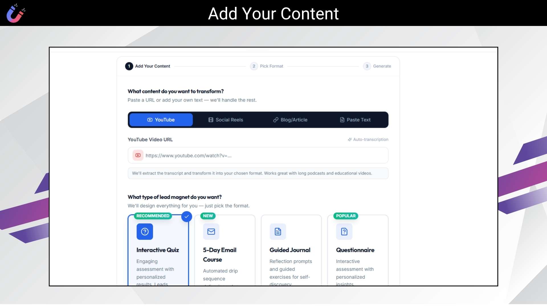AI-generated lead magnet examples like quiz workbook and email course