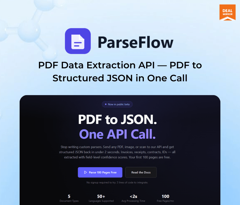 AI PDF to JSON converter API dashboard showing structured data extraction from documents