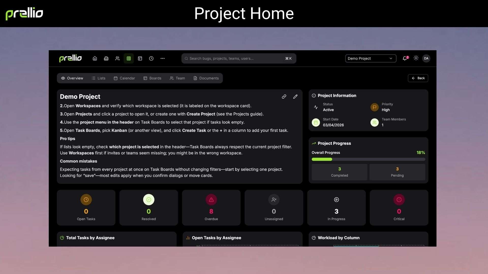 Prellio dashboard showing project management platform interface with tasks and teams 