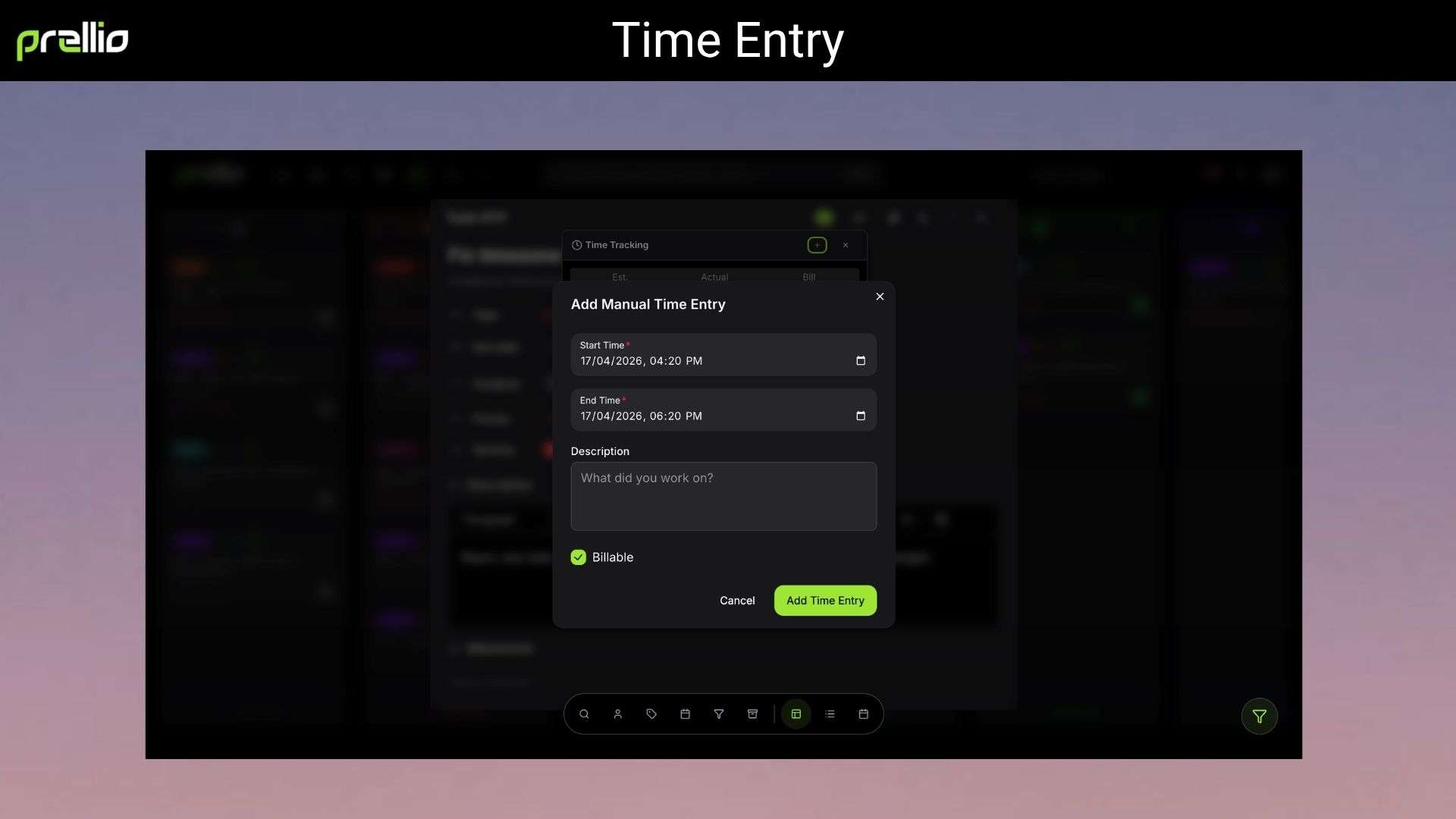 Time tracking and productivity dashboard in Prellio project management tool 