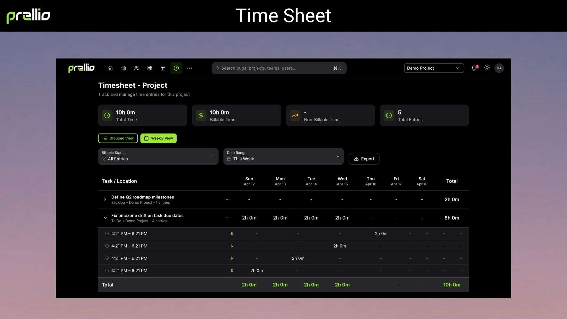 Time tracking and productivity dashboard in Prellio project management tool 