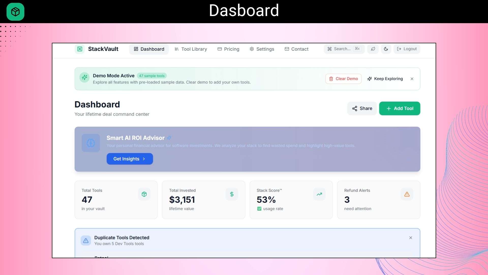StackVault tool usage analytics and subscription cost tracking interface 