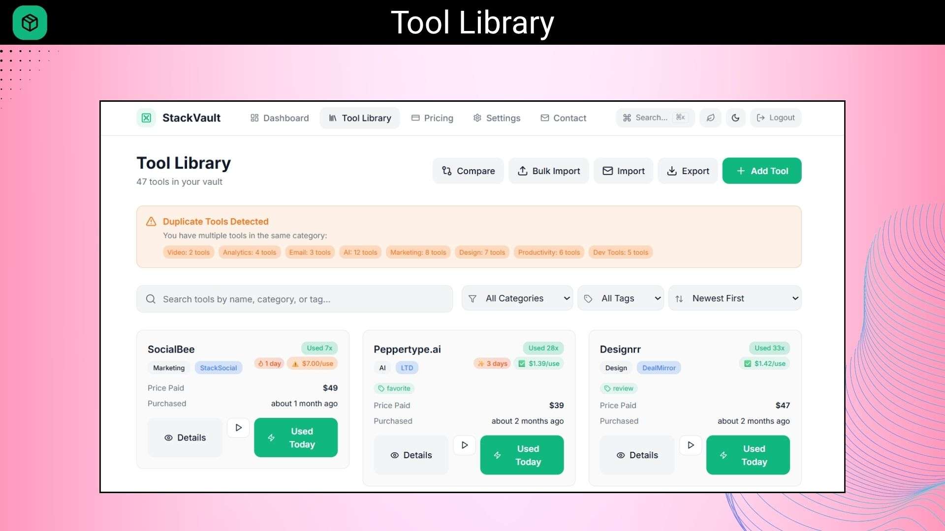 SaaS management platform showing ROI insights and duplicate tool detection in StackVault 