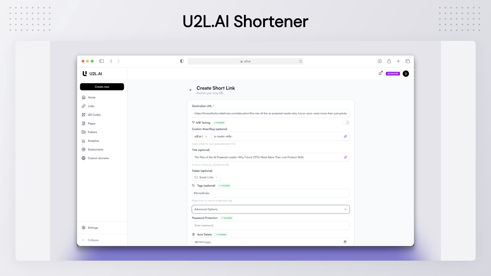 U2L AI link-in-bio page builder with custom branding, QR code generation, and URL shortening tools