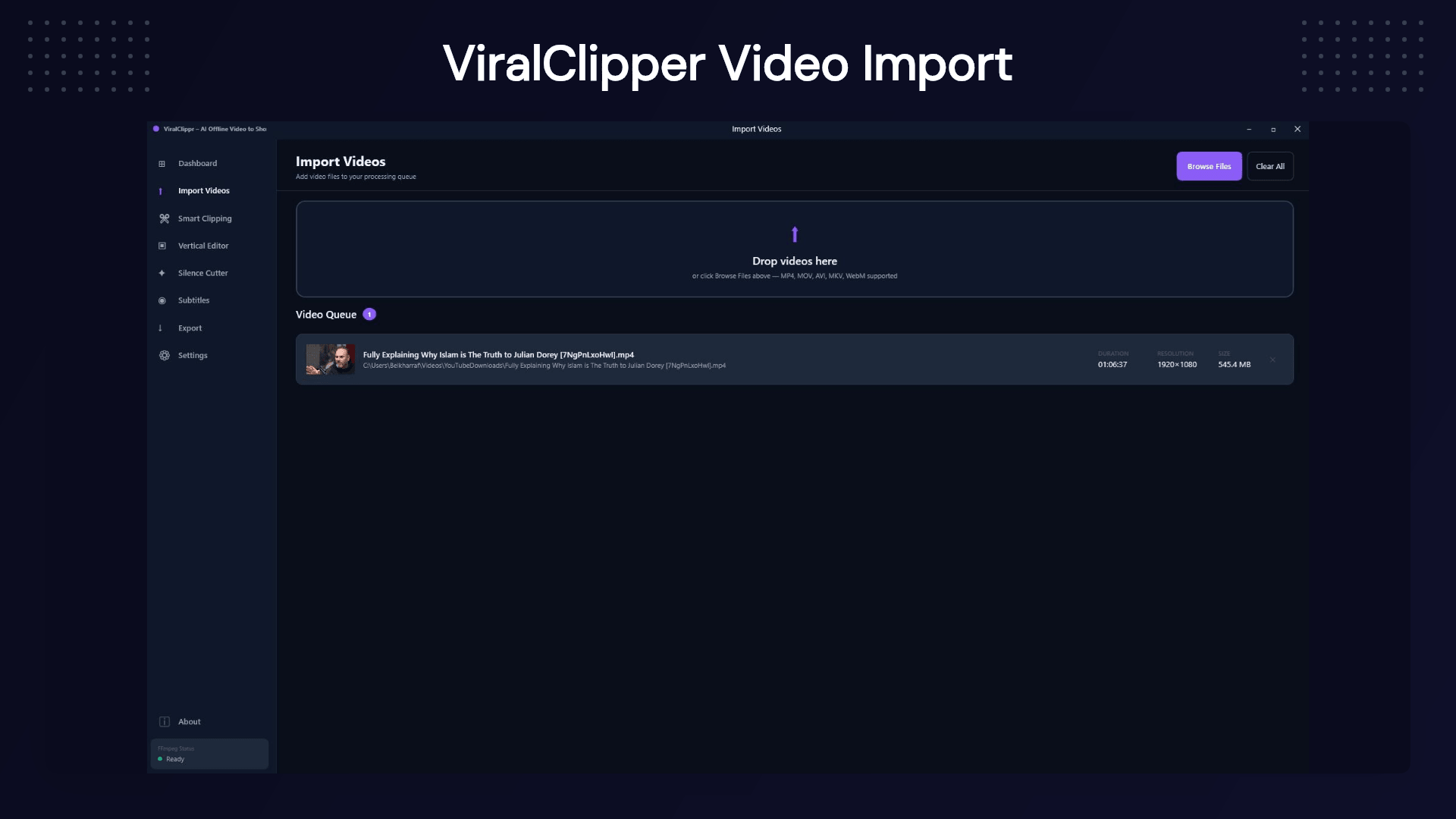 ViralClippr AI video clipping tool converting long videos into viral-ready short clips with automatic captions and subtitles 