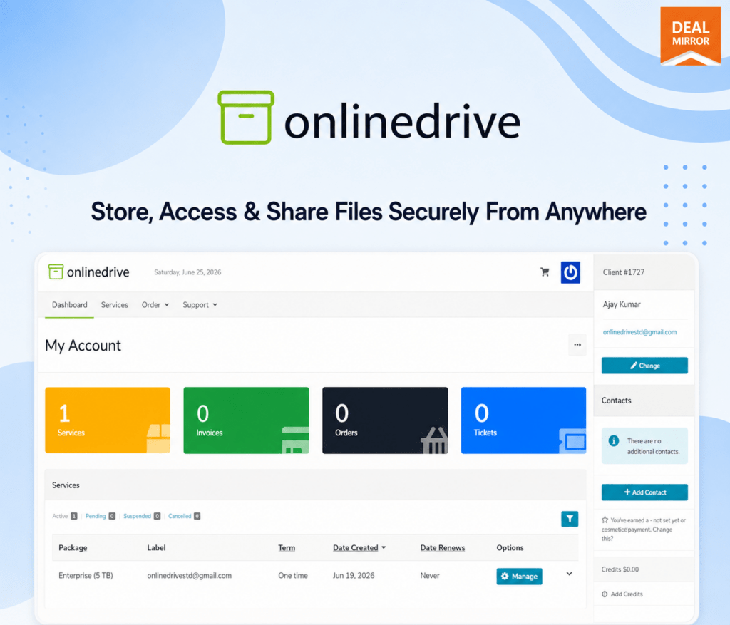 OnlineDrive secure cloud storage platform with global data centers and file sharing features