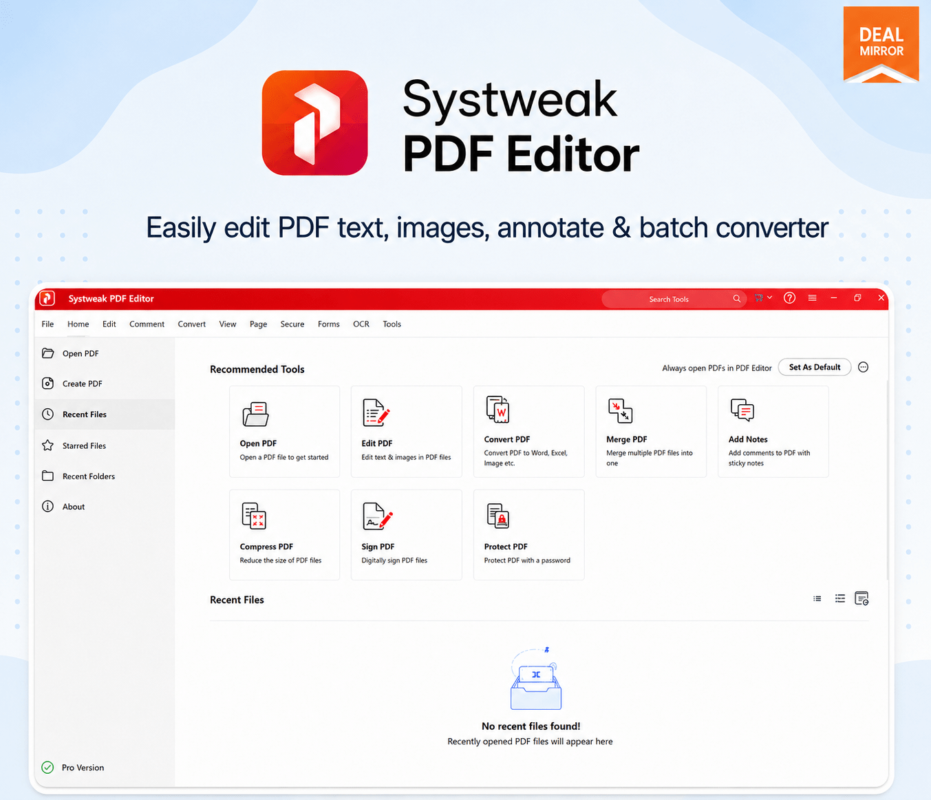 Systweak PDF Editor PRO lifetime deal dashboard for editing, converting, merging and securing PDF files