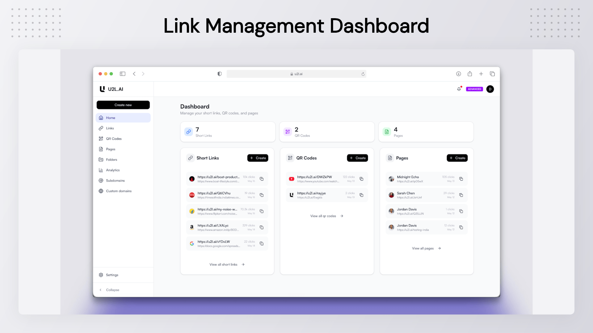 Generate dynamic QR codes, shorten URLs, and track link analytics with U2L AI link management platform