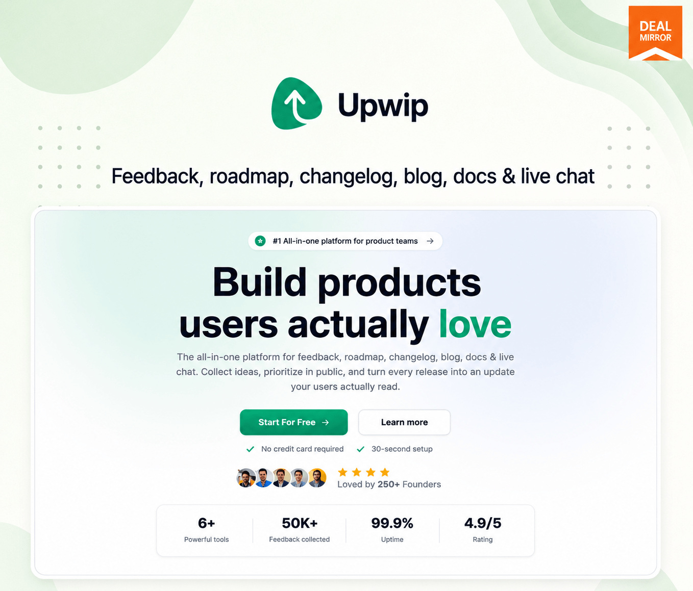 Upwip customer feedback tool dashboard with roadmap, changelog, documentation, and live chat features