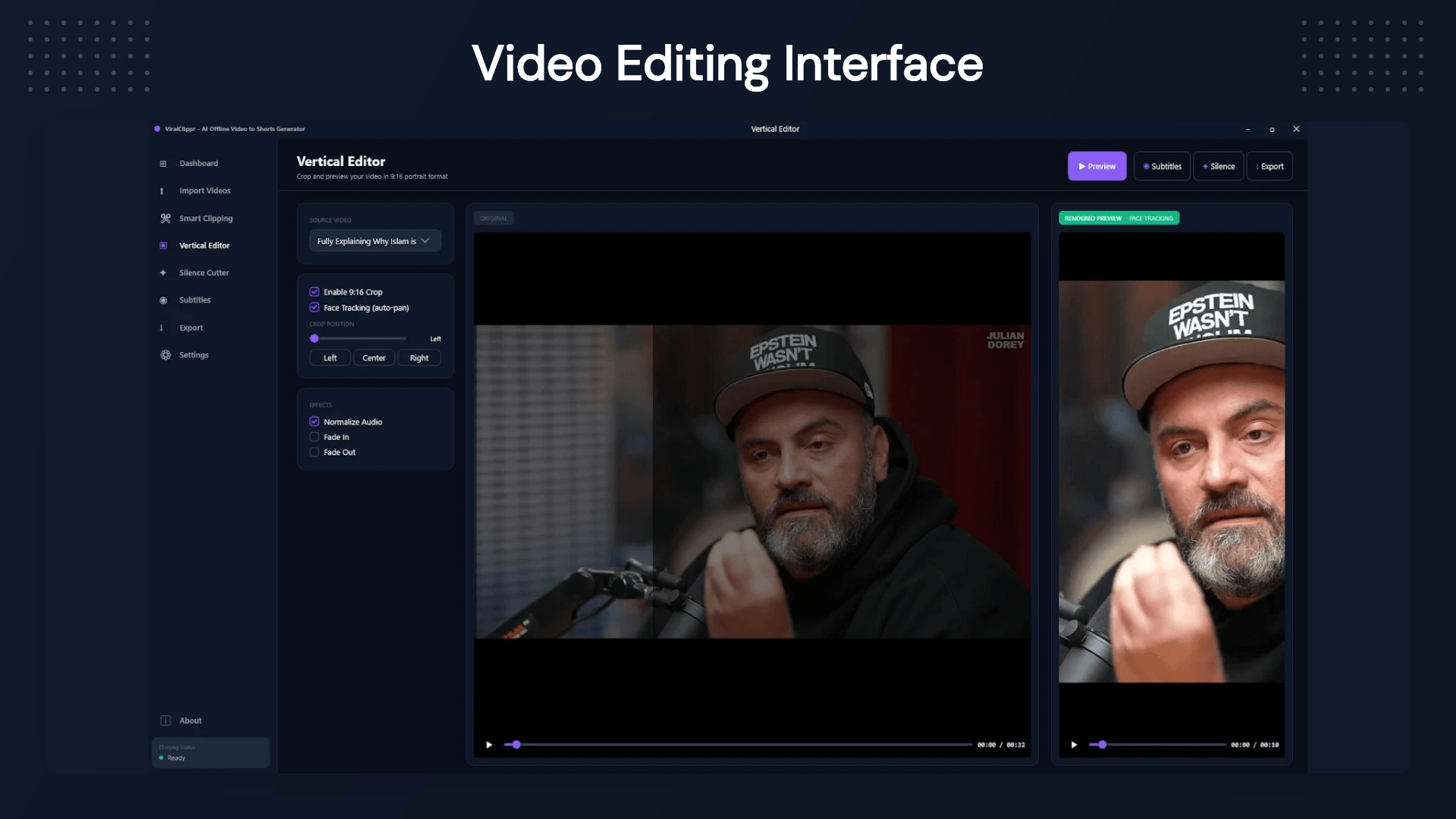 Offline AI video clipping software creating TikTok YouTube Shorts Instagram Reels and Facebook Reels from long-form content