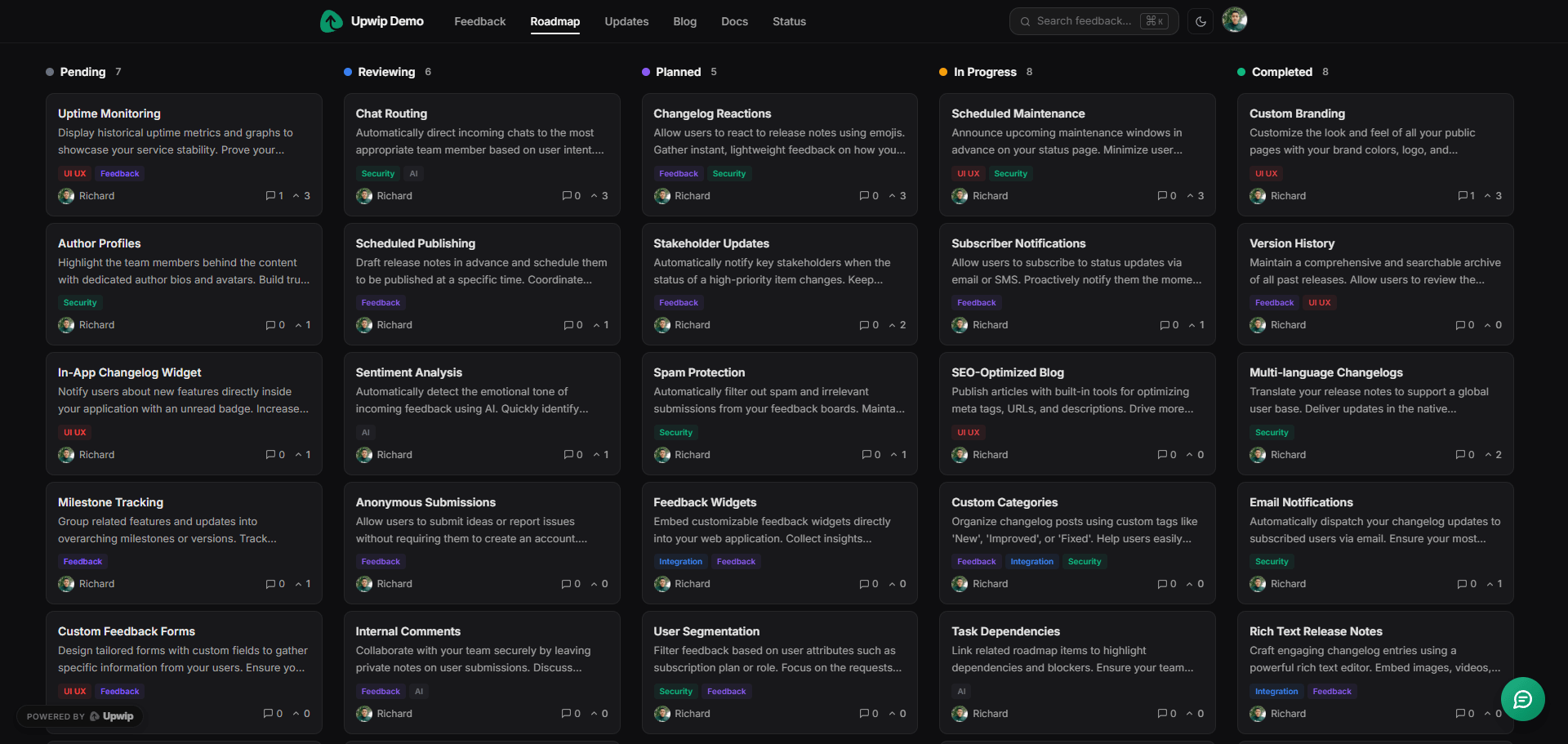 Upwip live chat widget integrated with feedback and support portal 