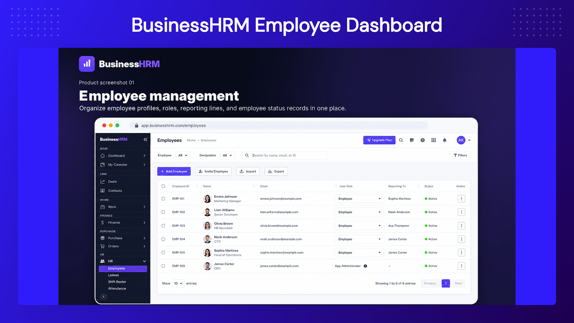BusinessHRM attendance and employee time tracking dashboard