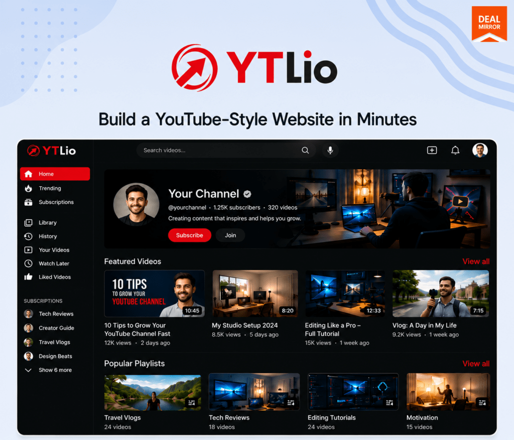 YTLio YouTube-inspired WordPress theme dashboard for video creators and bloggers