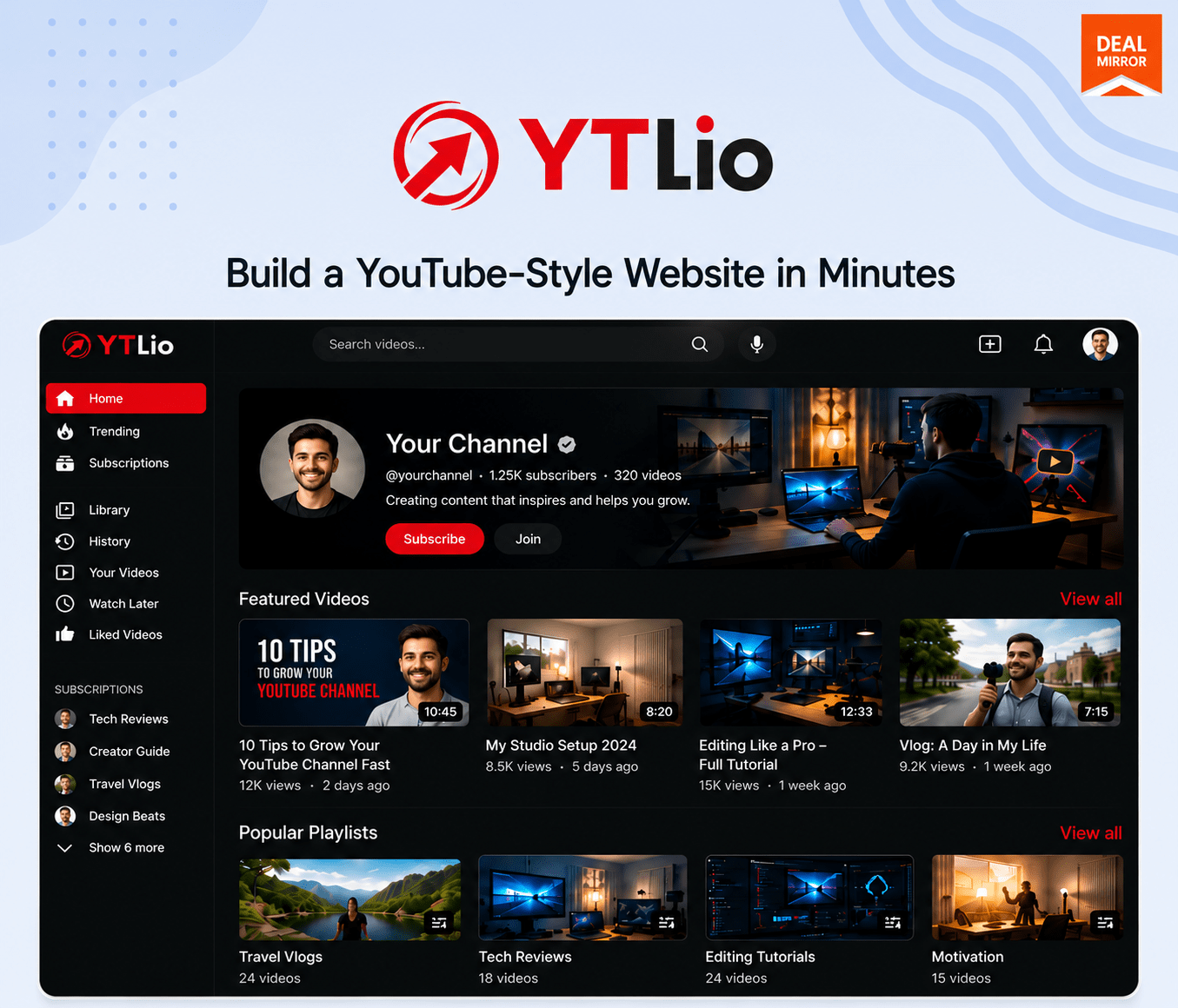 YTLio YouTube-inspired WordPress theme dashboard for video creators and bloggers