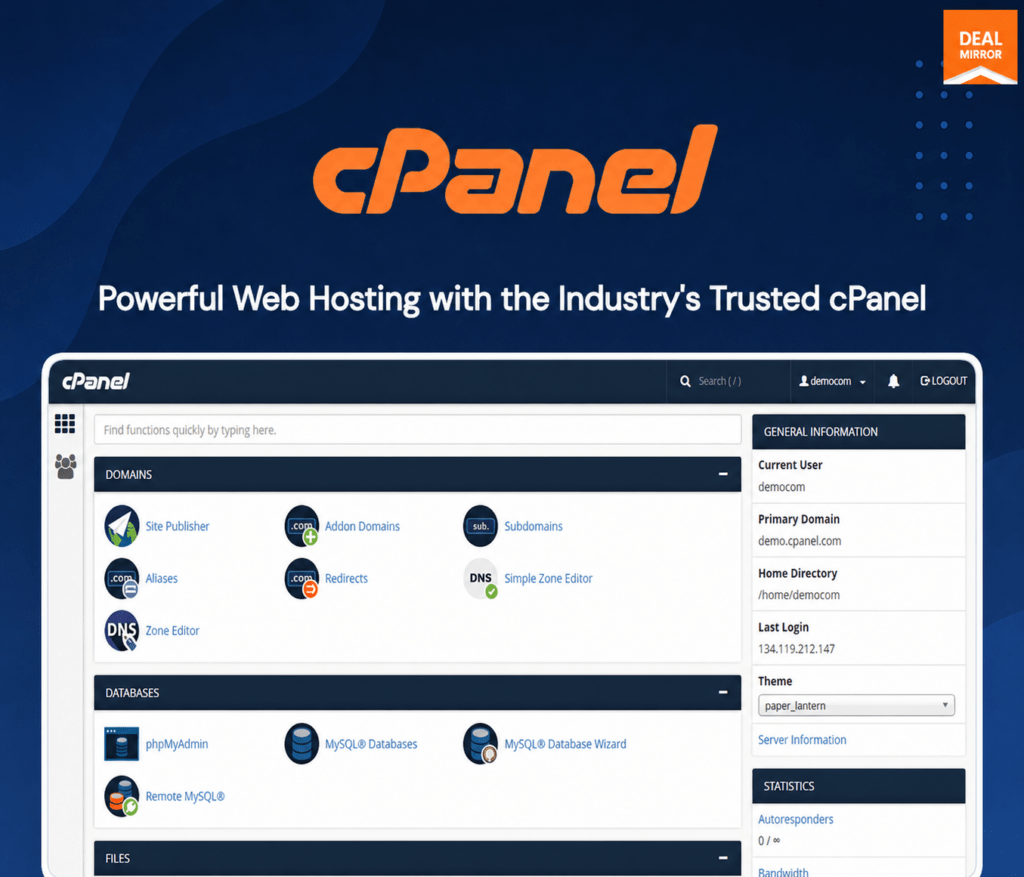 lifetime cPanel web hosting dashboard with unlimited website hosting, NVMe storage, and LiteSpeed servers