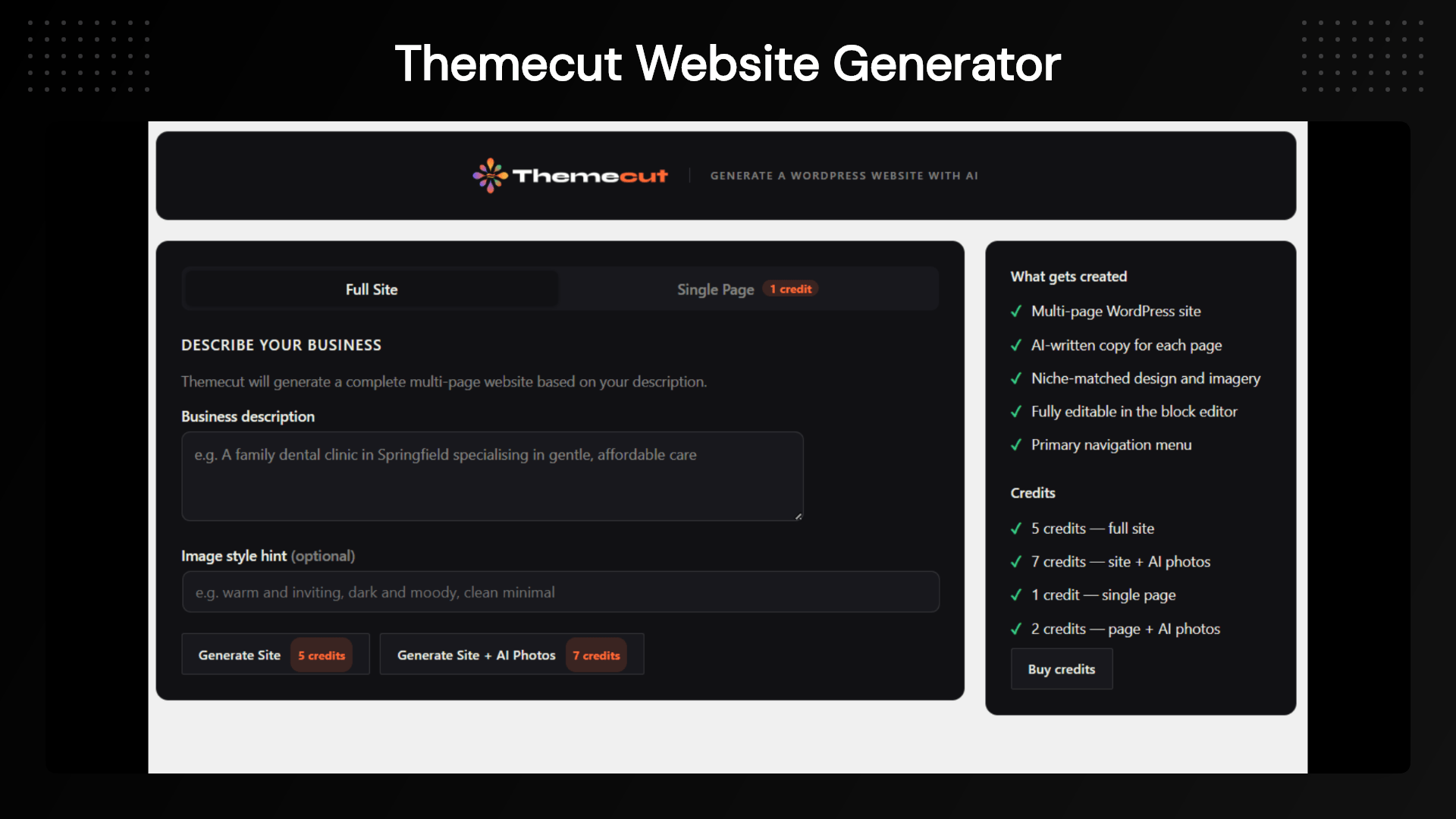 Themecut Generate complete WordPress websites from one prompt