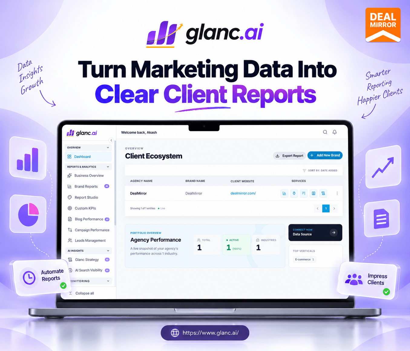 Glanc AI client reporting and performance tracking dashboard