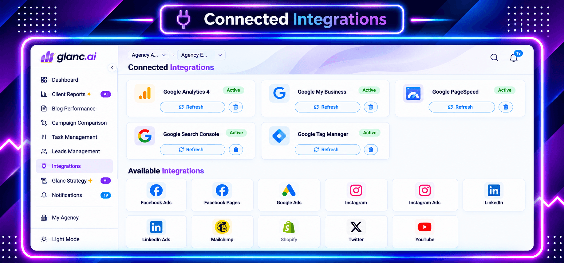 Glanc client performance tracking platform for digital marketers
