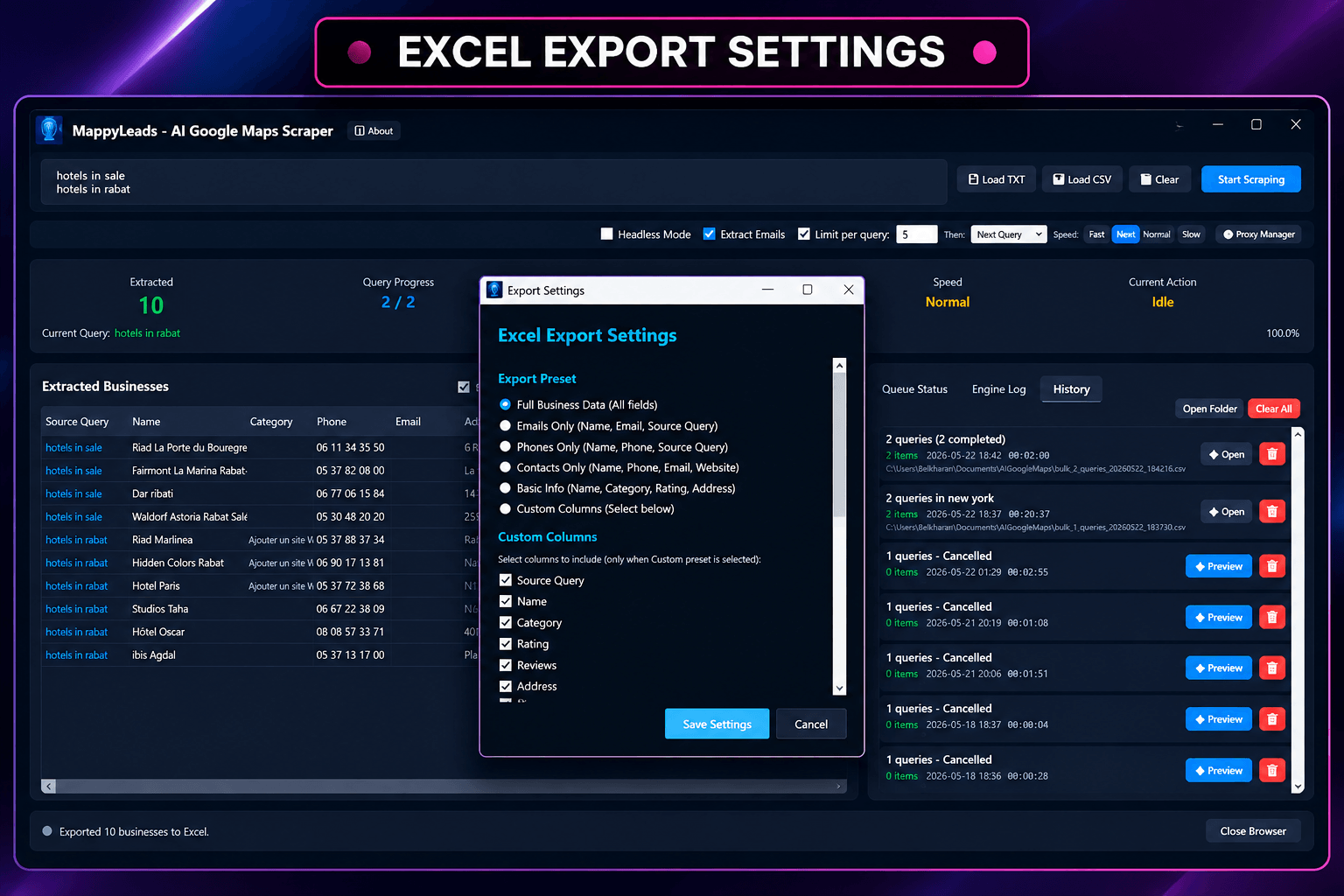 MappyLeads Windows application for exporting business leads to CSV, JSON, and Excel