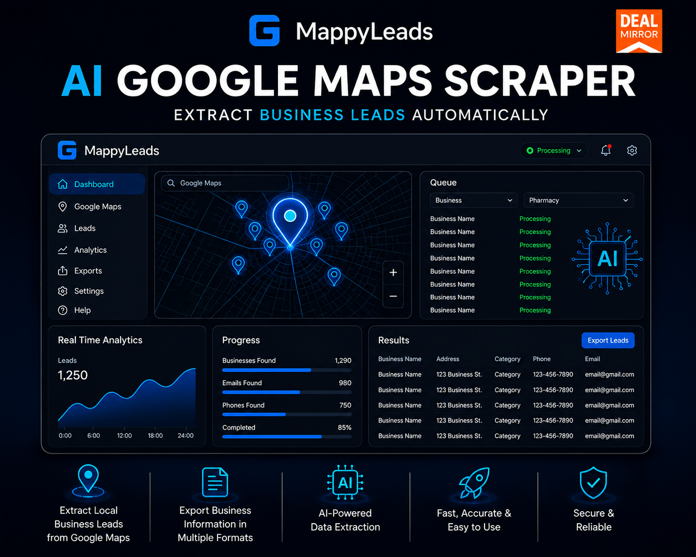 MappyLeads AI Google Maps scraper dashboard for extracting targeted local business lead