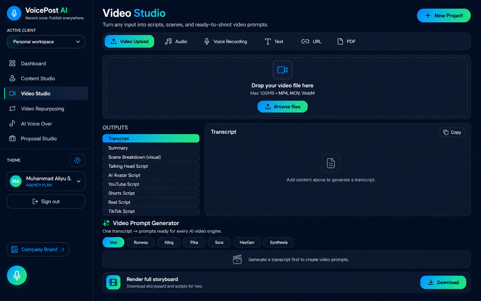 VoicePost AI proposal and content creation workspace