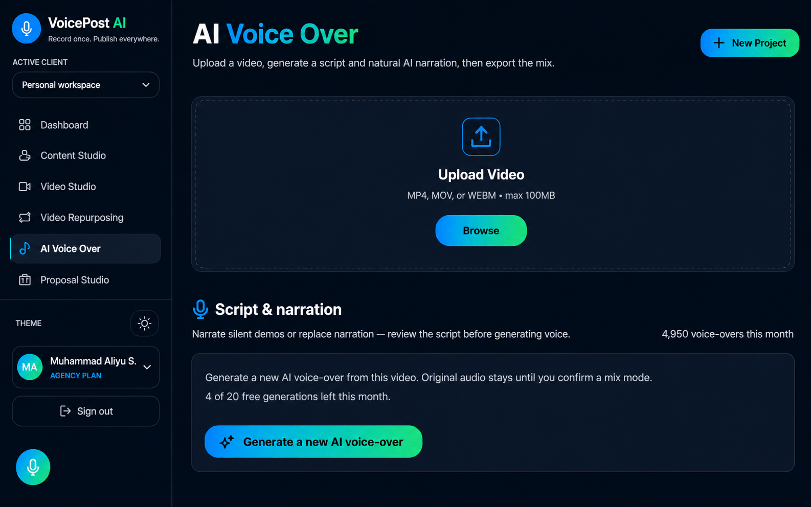 VoicePost AI content studio for AI-powered content generation