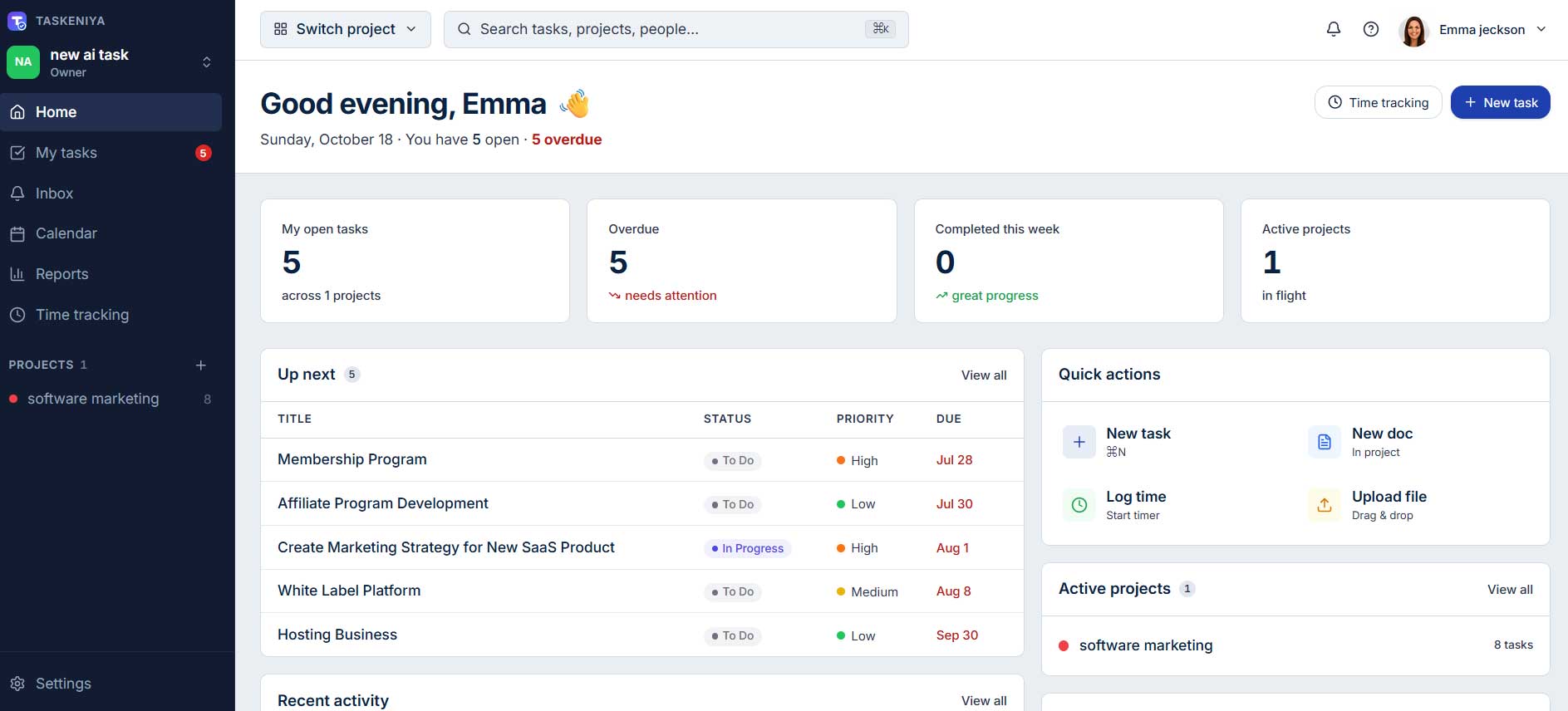 Taskeniya task management tool with Kanban boards and project views