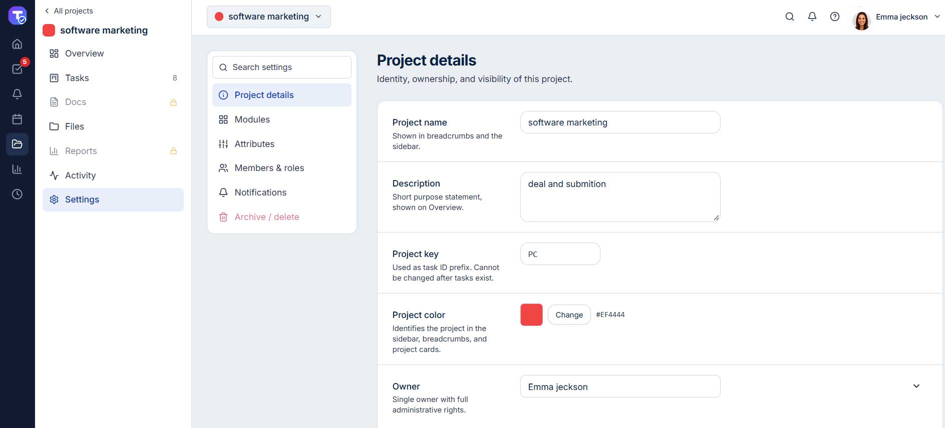 Taskeniya project management software dashboard